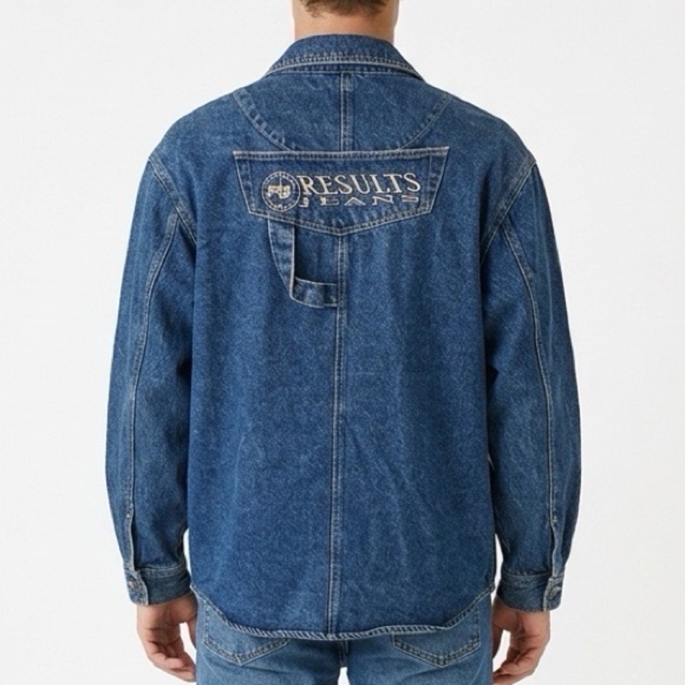 VINTAGE RESULTS JEANS Y2K Denim Jacket 90s Streetwear Logo Embroidered M‎